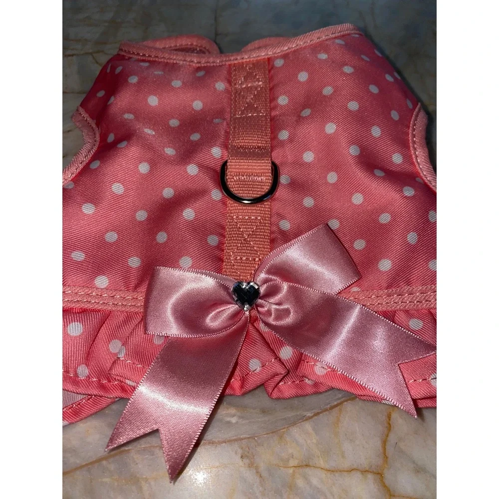Simply Wag Pink Polka Dot Ruffle Dog Harness Vest with Satin Bow Small